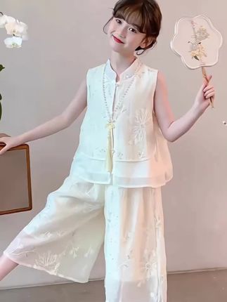 女童夏装套装2025新款儿童洋气国风背心女孩夏季阔腿裤汉服两件套#每日穿搭每日 #气质仙女裙穿搭 #夏季穿搭 #高品质童装