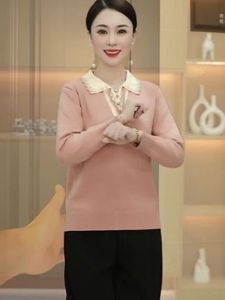 妈妈款秋装翻领上衣中年女长袖T恤50岁60中老年人春秋针织打底衫#优雅气质 #谁穿谁好看 #中老年穿搭 #穿出高级感 #减龄气质