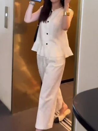 【现货】夏季穿搭一整套女2025新款韩版无袖衬衫高腰休闲裤两件套#夏季新款 #穿搭 #好物推荐🔥