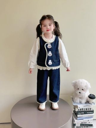 洋气卡通女童牛仔马甲三件套,品质推荐,赠送运费险!