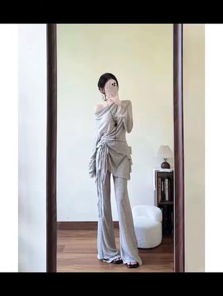 2025春夏季新款修身显瘦设计感斜肩上衣休闲宽松直筒长裤两件套女#高级感穿搭 #强烈推荐 #时髦穿搭 #优雅气质 #穿搭分享