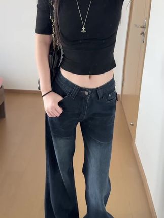 美式复古做旧深色不贴腿微喇牛仔裤女夏季直筒显瘦宽松阔腿长裤子#牛仔裤#直筒裤#显瘦穿搭 #阔腿裤#女装