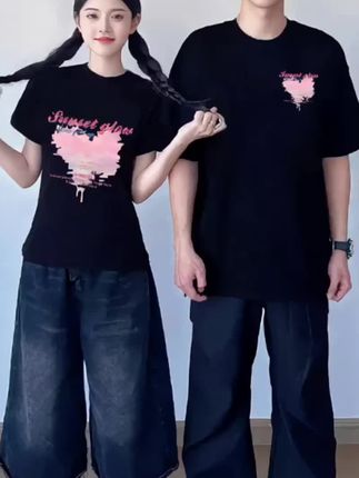 (2件装)情侣装短袖t恤男女一长一短2025夏季新款修身显瘦纯棉短袖#情侣装 #情侣穿搭 #情侣装穿搭 #短袖t恤 #情侣短袖