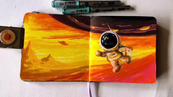 画一幅科技感十足的绘画《未来世界》 #黄锐邀你进入未来世界 #绘画过程 #科幻绘画 #丙烯马克笔 #艺术在抖音 @抖加🔥上热门🔥dou+🔥热点宝 @抖音艺术 这是一幅描绘未来世界的一幅创意绘画作品,画面空中一个飞船闪着灯光,仿佛悬停在空中,一个宇航员已经飞出飞船,仿佛正在飞向远处,天空中风云变幻,给人一种神秘感,热烈的暖色让人感觉一种不确定性,人们对未来世界即充满期待,又有些紧张,未来的不确定性显得很神秘莫测,画面这种热烈的色彩也表达了出来,画这样的作品就要有一些想象的空间,要有创意,喜欢创新的小伙伴拿起画笔,一起画一幅未来世界的科幻画吧!