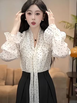 YUANLIANSU/圆脸酥【枫影沉秋】法式高级感洋气波点衬衫女秋季上衣#甜妹风 #可爱甜妹 #甜妹 @抖音小助手