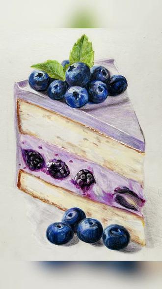 彩铅蛋糕|蓝莓蛋糕的画法,超详细绘画过程线上美术课 #线上美术课 #绘画过程#彩铅#兴趣素描#蓝莓蛋糕