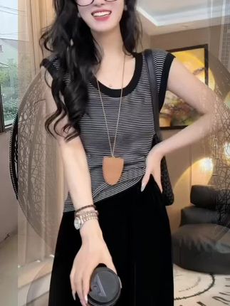 夏季新款#无袖上衣黑色修身半身裙~微胖显瘦气质高级感两件套