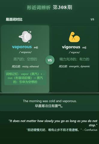 vaporous和vigorous易混单词区分 快速记单词方法-易混单词词根词缀助记:
vaporous: 词根记忆:vapor(蒸汽)+ -ous(形容词后缀)→ 蒸汽的;引申为空想的
vigorous: 词根记忆:vigor(活力)+ -ous(形容词后缀)→ 充满活力的
prologue: 词根记忆:pro-(前)+ logue(说)→ 在前面说的话 → 序言
prorogue: 词根记忆:pro-(前)+ rog(问)+ -ue → 向前询问 → 要求延期 → 休会
respect: 词根记忆:re-(再)+ spect(看)→ 再看 → 重视 → 尊重
suspect: 词根记忆:sus-(下)+ pect(看)→ 向下看 → 怀疑
specimen: 词根记忆:speci(种类)+ -men(名词后缀)→ 某一种类的代表 → 样本
spectrum: 词根记忆:spect(看)+ -rum(名词后缀)→ 可见的范围 → 光谱
drizzly: 联想记忆:drizz(dirzzle毛毛雨)+ -ly(形容词后缀)→ 下毛毛雨的
grizzly: 联想记忆:grizz(grizzle灰色)+ -ly → 灰白色的;灰熊#串词成文#雅思#易混单词#形近单词辨析#每天学习一点点