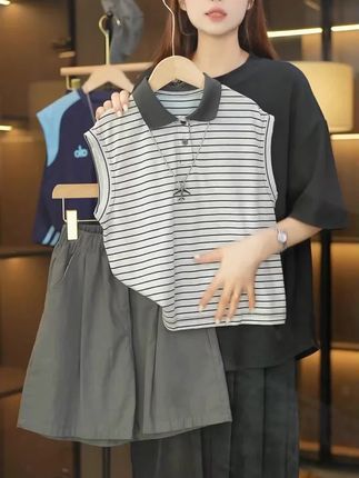 儿童装男童夏撞色细条纹POLO衫翻领背心套装2025中大童两件套男孩#童装#短袖#套装两件套