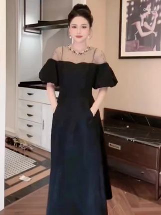 宴会礼服连衣裙气质小个子法式收腰泡泡袖设计感名媛修身@DOU+小助手 @DOU+上热门