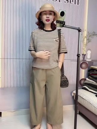 棉线条纹撞色圆领针织短袖春夏百搭洋气时尚大休闲码宽松显瘦上衣