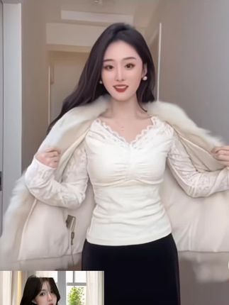 蕾丝花边V领镂空女秋冬春秋新款气质独特修身内搭假蕾丝上衣#视频同款#推荐