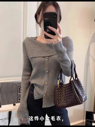 针织衫2025新款春季女装韩版时尚设计感小众一字肩翻领打底上衣女