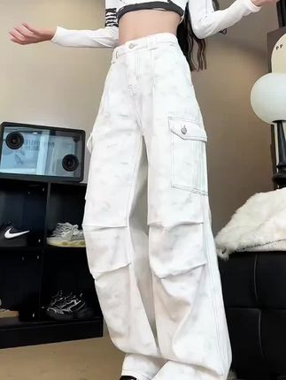 白色扎染脏脏牛仔裤男春秋美式hiphop褶皱工装裤直筒微喇伞兵裤子#伞兵裤 #工装裤