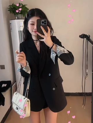 洋气蕾丝拼接小西装外套女宽松遮肉2025秋季韩版休闲百搭小西服