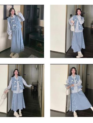 新中式国风穿搭牛仔套装女秋超火好看高级感马甲衬衫半身裙三件套