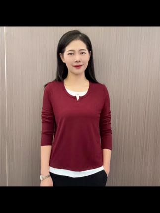 金六指秋装新款时尚纯色剪刀领假两件百搭独特长袖打底衫 #穿搭 #打底衫 #假两件