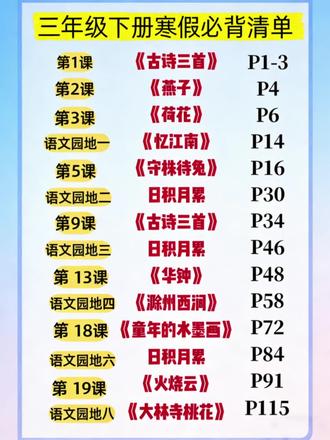 三年级语文下册寒假必备清单,老师整理好了,利用寒假晨读10分钟,读一读,记一记开学领跑全班。#三年级下册语文 #三年级 #寒假预习 #小学语文必背古诗词大全 #必背知识点汇总