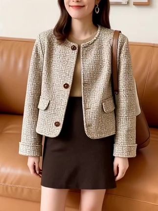 毛呢外套小香风秋冬圆领宽松大衣双面短款女装西装