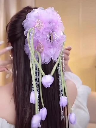【郁金香】#抓夹可拆卸流苏花朵团扇发饰夏季专属后脑勺显发量鲨鱼夹 #发型教程 #简单好看发型 #日常发型 #鲨鱼夹抓夹