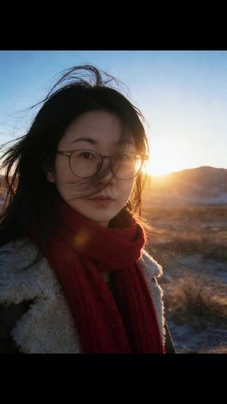 #随变ai随便玩 #随变ai合拍也太好玩了吧 豆包实在太强大啦#豆包
以人物为原型,去除所有背景服饰和发型,在完全保留人物原生面部特征、五官特点的基础上进行艺术化创作,生成10张照片,一幅具有电影感的胶片肖像,一位美丽的中国女生,凌乱的黑发在风中飘动头发遮一点脸,眼神灵动地看着镜头。她在画面的左1/3处。她围着一条厚实的鲜红色有质感的针织围巾,穿着一件羊羔毛外套上衣,背景是日落时分寒冷、干枯的荒野和远山。强烈的金色逆光直射镜头,产生巨大的镜头光晕效果,空气中有尘埃感。胶片颗粒质感,浅景深,自然原始的风格,青灰色滤镜,高噪点的胶片颗粒。比例2:3比例可调成其他,9:16,3:4或3:2等,追求动作角度多样化,眼镜不要摘掉,调整成高清图片,脸型瘦一点,带点美颜。