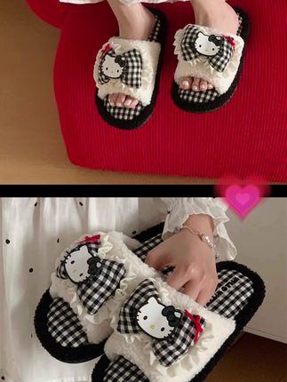 细细条 正版HelloKitty一字棉拖鞋女冬家用地板防滑可爱毛毛拖鞋