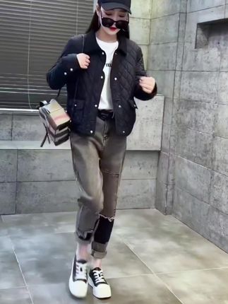 黑色polo领菱格夹棉加厚棉衣棉服女冬季2024新款宽松小众设计感,#简单大方时尚款 经典耐看不过时 面料柔软舒适 宽松版型#遮肉显瘦 时尚又百搭 #棉衣#棉服