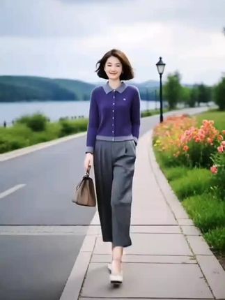 韩版女装日常通勤撞色翻领针织开衫松紧腰显瘦九分裤气质套装春秋#优雅气质 #女装穿搭 #抖音推广 #气质女神范儿 #出游穿搭