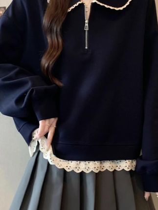 大码娃娃领半拉链蕾丝拼接卫衣女春秋微胖MM宽松显瘦百搭洋气上衣