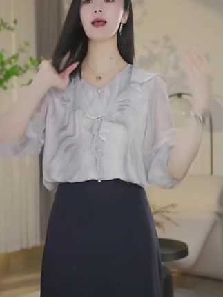 【小北甄选】拍套装减20 曼贝8592707水墨灰法式衬衫百搭气质显瘦#夏季穿搭 #气质减龄 #显瘦穿搭 #衬衫穿搭 #谁穿谁好看