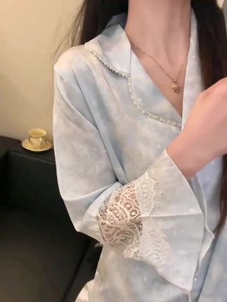 千金冰丝轻奢睡衣女春秋长袖蕾丝高级感开衫新款出门款家居服套装