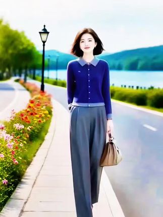 #短款针织开衫 #套装女撞色翻领#针织开衫#休闲 #九分裤两件套秋季。#@