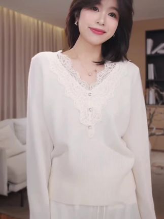 #森系少女感穿搭老琴私服【缪斯女神】琥珀流光风蕾丝拼接V领针织毛衣#高级感穿搭 #精致穿搭 #针织衫#针织毛衣 #强烈推荐