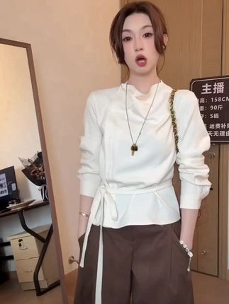 秋季新款简约不对称荡领斜门襟绑带收腰上衣女高级感衬衫#显瘦遮肉 #休闲风