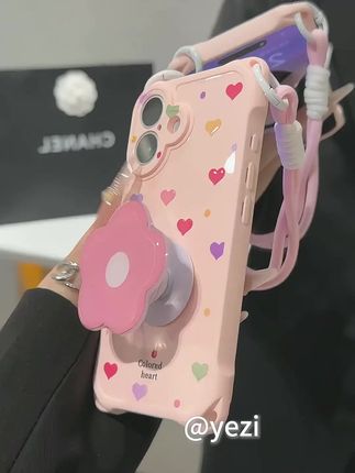 ins粉爱心花朵支架挂绳适用iPhone苹果16手机壳华为vivoppo小米15#挂绳手机壳推荐 #手机壳 #手机壳推荐