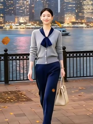 2025年高级感撞色系带针织衫+休闲气质裤子两件套#穿搭 #气质穿搭 #优雅气质 #高级感穿搭 #穿出自信穿出美丽