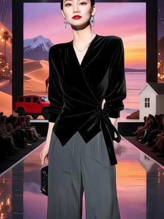 #毫不费力地打开初秋穿搭 #春秋穿搭 #时尚百搭春秋款#端庄秀丽俏佳人 #春秋款V领丝绒衬衫