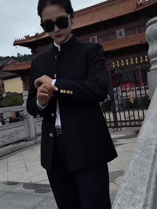 中秋秋季高端男士新中式中山装商务休闲金色扣子中国风立领西服外套