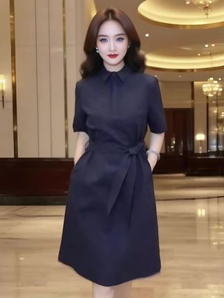 夏季新款时尚气质连衣裙短袖翻领宽松收腰显瘦中长款女裙#女装实体 #轻奢女装 #时尚穿搭