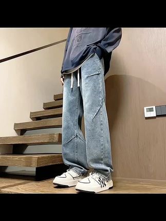 牛仔裤男款秋冬季美式潮流微喇裤子大码宽松阔腿直筒休闲百搭长裤#春节不打烊#年货节#腿粗的男生适合穿什么裤子#美式高街氛围感裤子推荐#显瘦显高显腿长