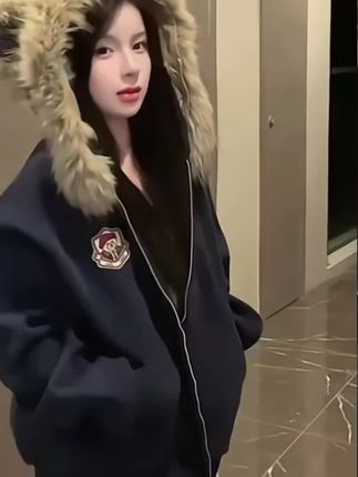 藏青色小熊耳朵毛领开衫卫衣女款秋冬美式学院风复古连帽短款外套#新款上新 #与众不同