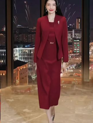 酒红色喜婆婆喜妈妈婚宴装套装,春秋新款时尚修身西装两件套裙#礼服