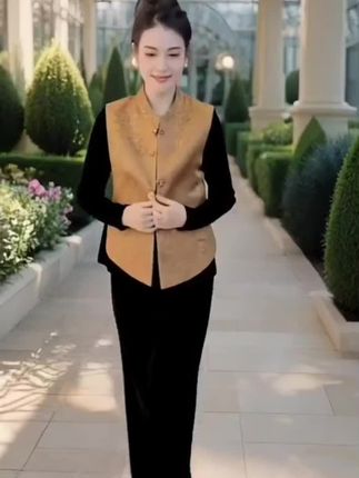 黄色背心搭配黑色内搭色彩对比和谐#背心精致的花纹增添质感#整体造型优雅大方#在这样雅致的环境里#尽显温婉气质很显品味