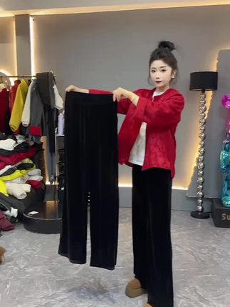 2025新款女春秋金丝绒阔腿裤,高腰宽松超垂感! #女士春秋裤 #直筒休闲裤 #金丝绒裤子 #金丝绒裤 #高腰休闲装