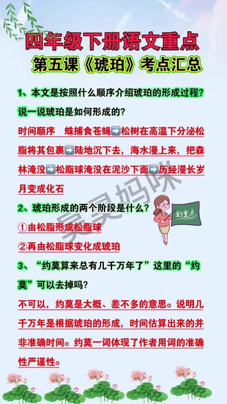 四年级下册语文重点,第5课《琥珀》知识点,课文考点梳理,阅读理解常考题型,#必考考点 #知识点总结 #课堂笔记 #学霸秘籍 #四年级下册语文