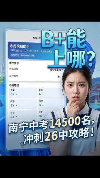 南宁中考总评B+(1A4B+1B),能上哪所学校?🔥🔥我们可以冲南宁二十六中‼️‼️但今年中考竞争比较激烈,南宁二十六中是不够稳的‼️🔥🔥想稳冲学校,点击主页关注我,听我分析🔥🔥#南宁升学#学业规划#升学规划