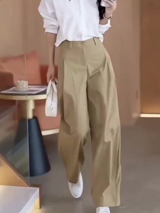 卡其色阔腿裤女2025春秋新款高腰显瘦时尚宽松潮流侧压褶贝斯裤子#春秋新款#阔腿裤#遮肉显瘦显气质#潮流侧压褶设计#高级感穿搭