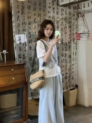2025夏季新款松弛感穿搭一整套女韩系减龄假两件T恤上衣阔腿裤939#视频同款#视频同款@巨量千川