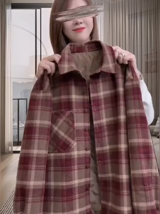 高级感磨毛格子衬衫2025秋装加厚外套女新款休闲叠穿格纹衬衣上衣#格子衬衫 #加厚外套 #衬衣上衣