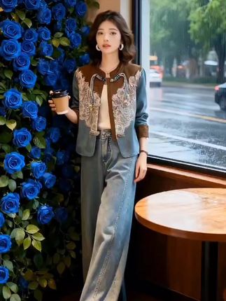 设计感蕾丝拼接盘扣牛仔套装女2025春秋新款复古气质阔腿裤两件套#国风古韵#通勤搭配#高级感穿搭